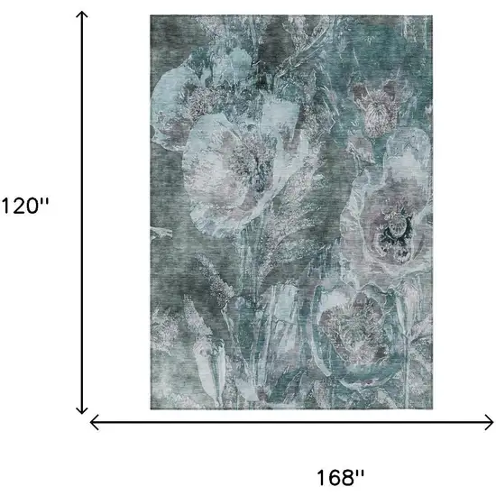 Teal Blue And Graphite Floral Washable Indoor Outdoor Area Rug Photo 5