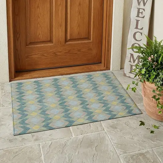 Teal Blue And Graphite Geometric Washable Indoor Outdoor Area Rug Photo 1