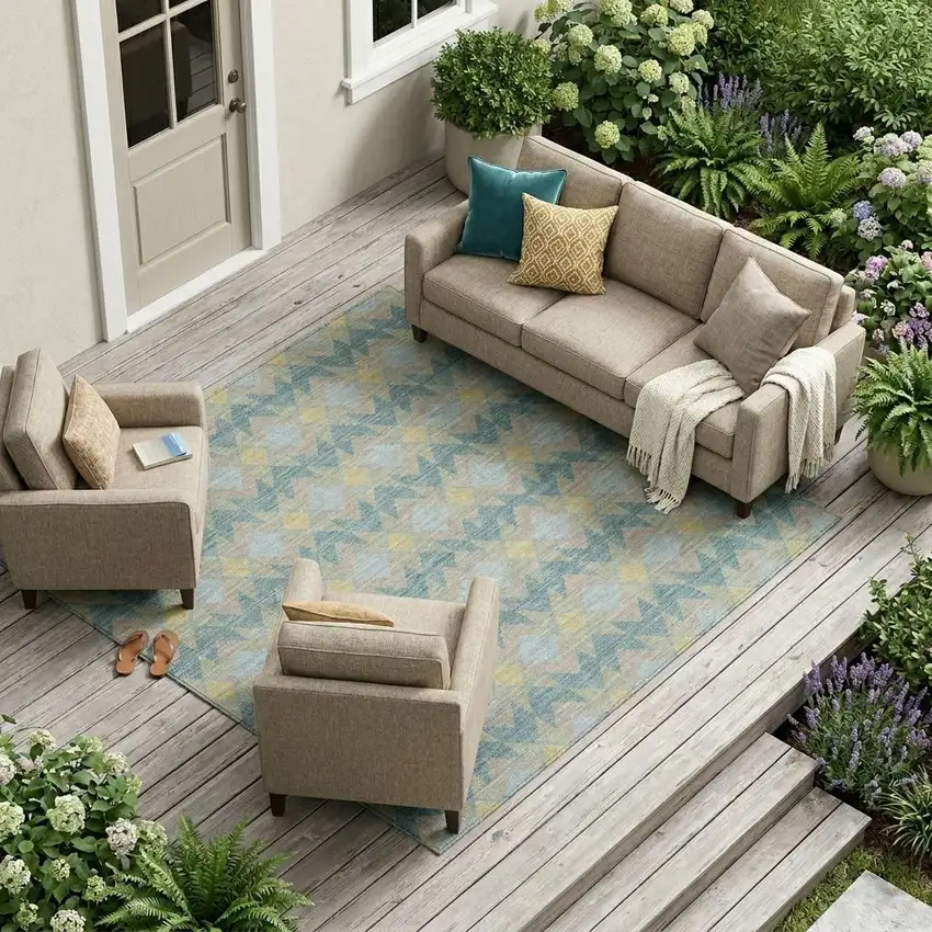 Teal Blue And Graphite Geometric Washable Indoor Outdoor Area Rug Photo 1