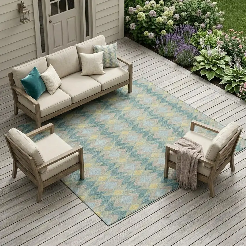 Teal Blue And Graphite Geometric Washable Indoor Outdoor Area Rug Photo 1