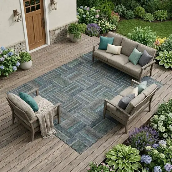 Teal Blue And Graphite Geometric Washable Indoor Outdoor Area Rug Photo 1