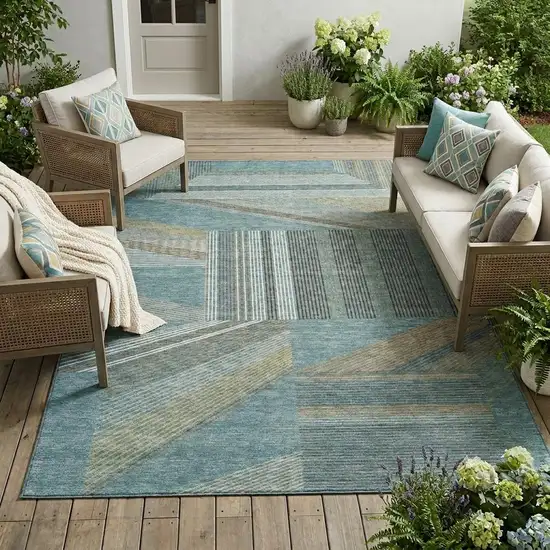 Teal Blue And Graphite Geometric Washable Indoor Outdoor Area Rug Photo 1