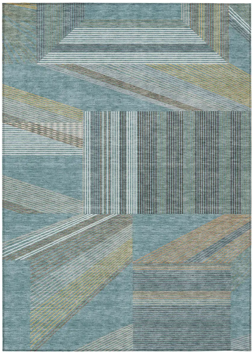 Teal Blue And Graphite Geometric Washable Indoor Outdoor Area Rug Photo 2