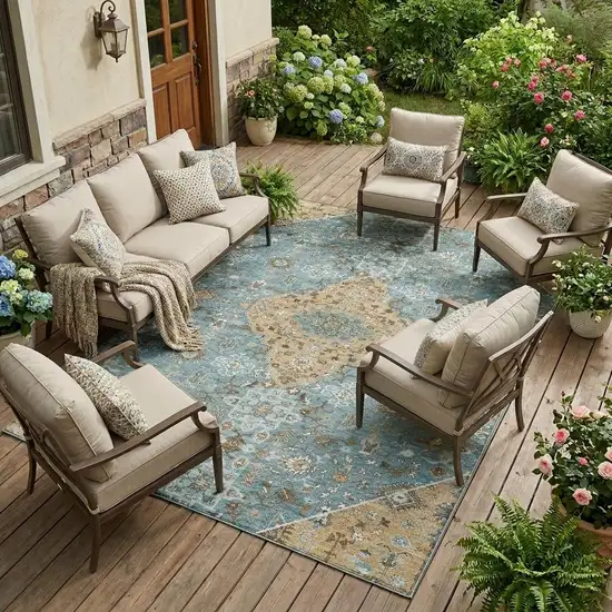 Teal Blue And Graphite Medallion Washable Indoor Outdoor Area Rug Photo 1