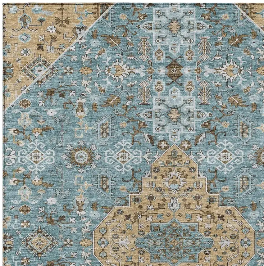 Teal Blue And Graphite Medallion Washable Indoor Outdoor Area Rug Photo 3