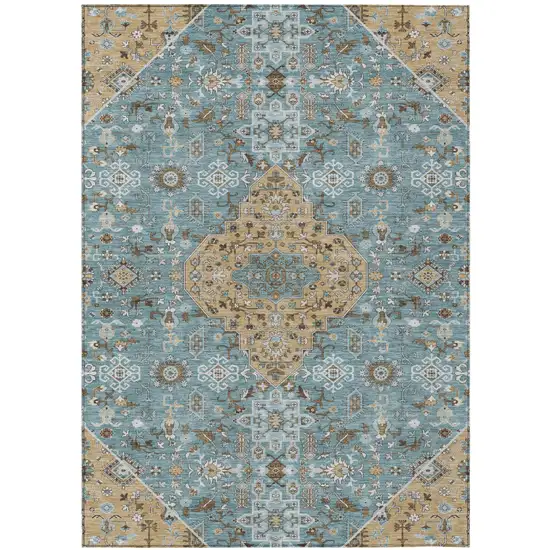 Teal Blue And Graphite Medallion Washable Indoor Outdoor Area Rug Photo 2