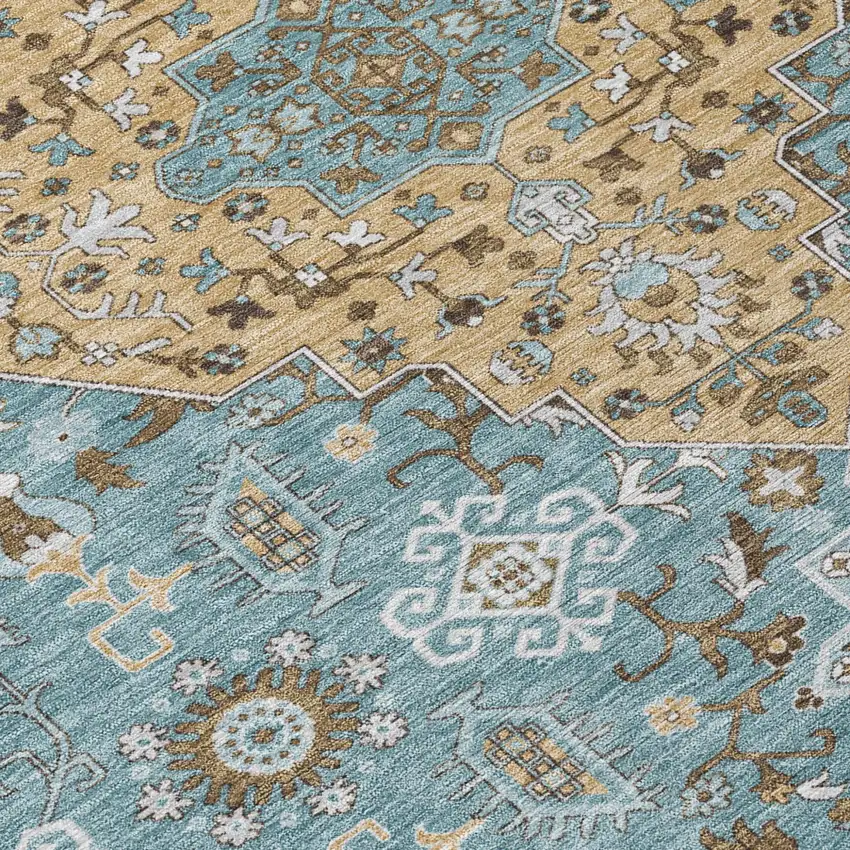 Teal Blue And Graphite Medallion Washable Indoor Outdoor Area Rug Photo 6