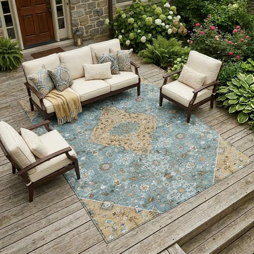 Teal Blue And Graphite Medallion Washable Indoor Outdoor Area Rug Photo 1