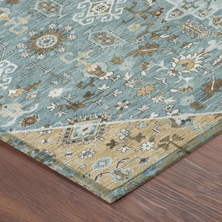 Teal Blue And Graphite Medallion Washable Indoor Outdoor Area Rug Photo 5