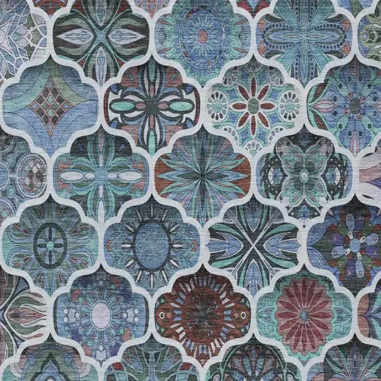 Teal Blue And Graphite Ogee Washable Indoor Outdoor Area Rug Photo 1
