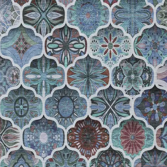 Teal Blue And Graphite Ogee Washable Indoor Outdoor Area Rug Photo 8