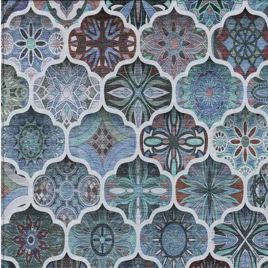 Teal Blue And Graphite Ogee Washable Indoor Outdoor Area Rug Photo 5