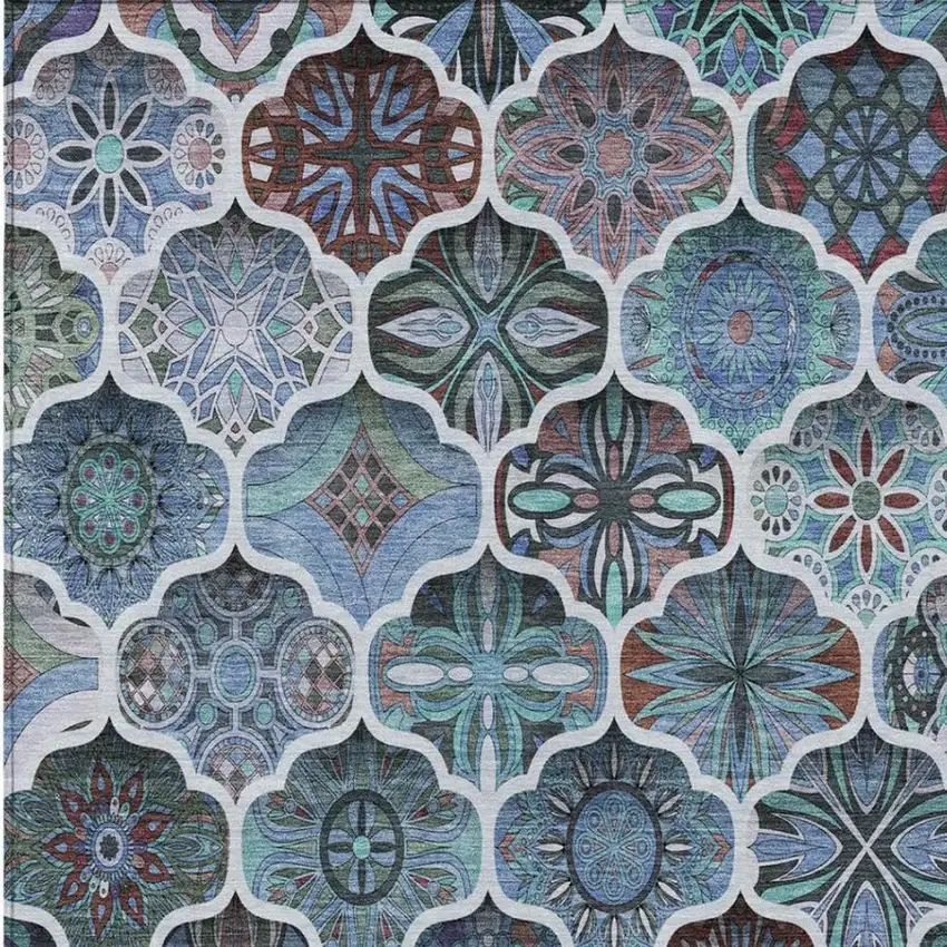 Teal Blue And Graphite Ogee Washable Indoor Outdoor Area Rug Photo 5