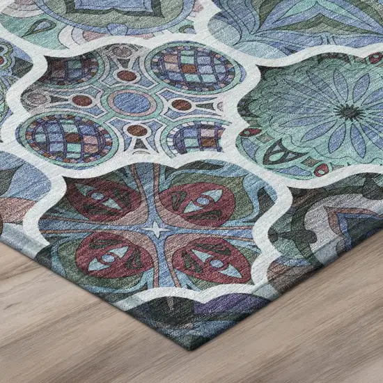 Teal Blue And Graphite Ogee Washable Indoor Outdoor Area Rug Photo 4