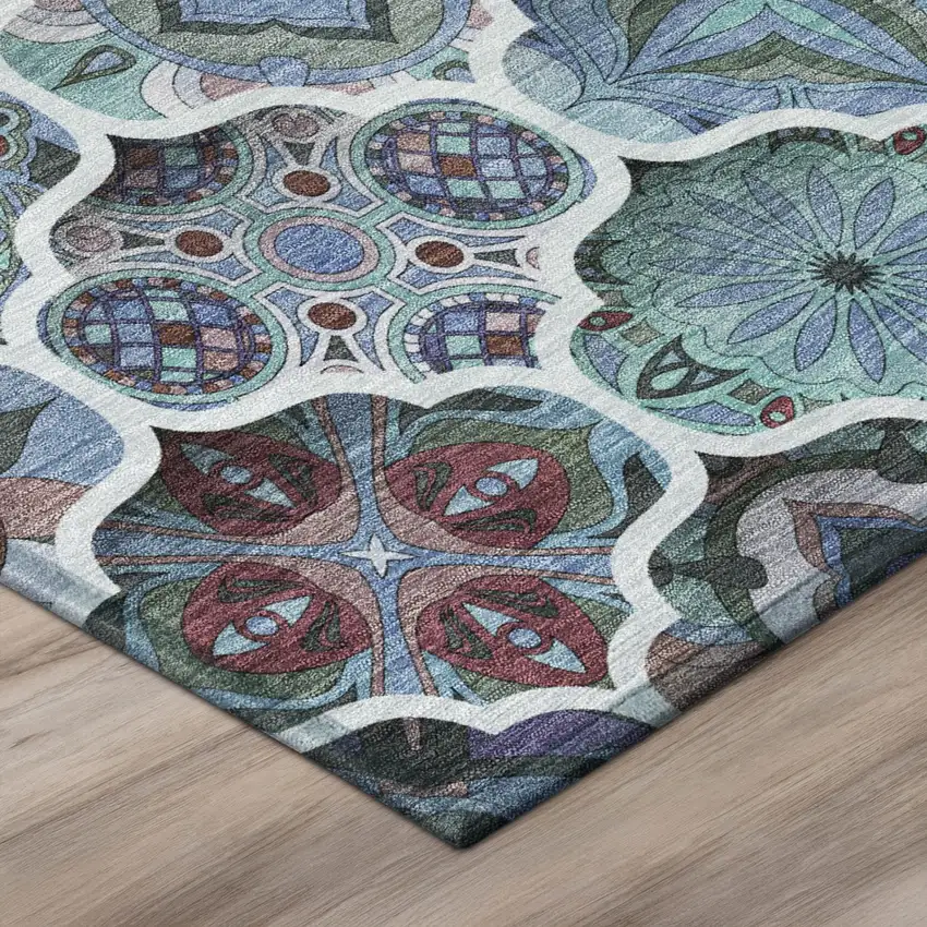 Teal Blue And Graphite Ogee Washable Indoor Outdoor Area Rug Photo 4