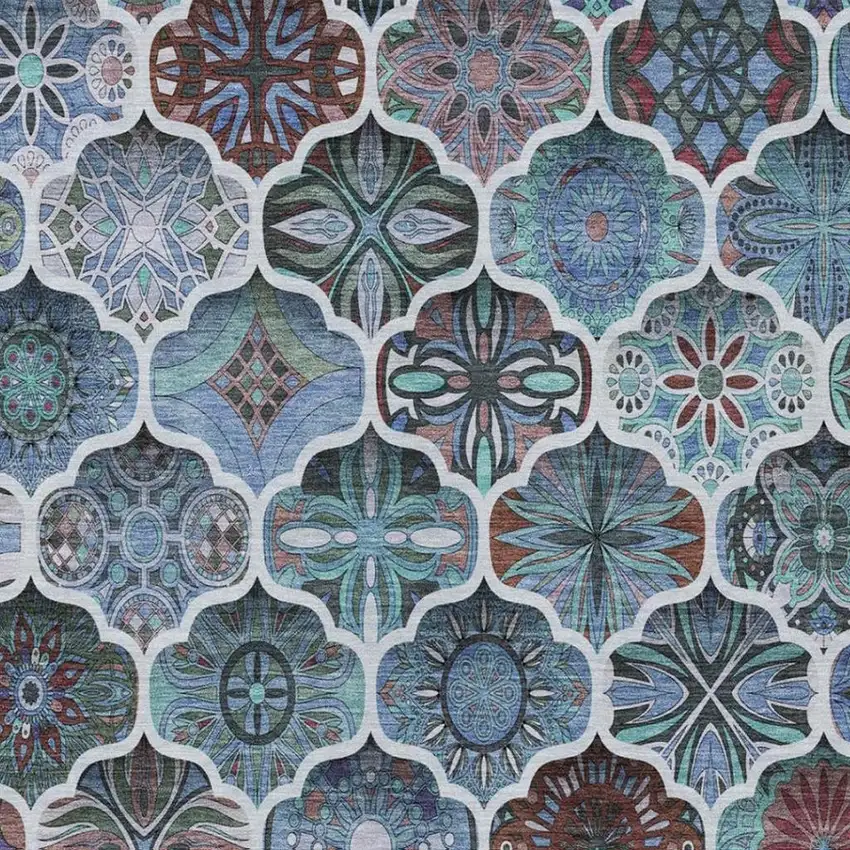 Teal Blue And Graphite Ogee Washable Indoor Outdoor Area Rug Photo 7