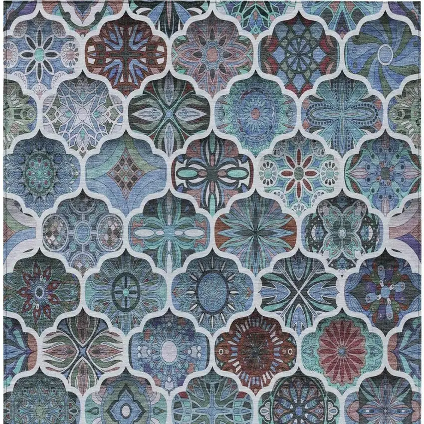 Teal Blue And Graphite Ogee Washable Indoor Outdoor Area Rug Photo 6