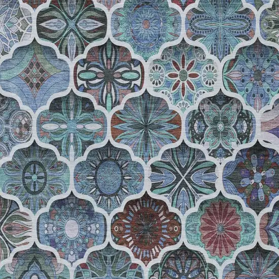 Teal Blue And Graphite Ogee Washable Indoor Outdoor Area Rug Photo 4