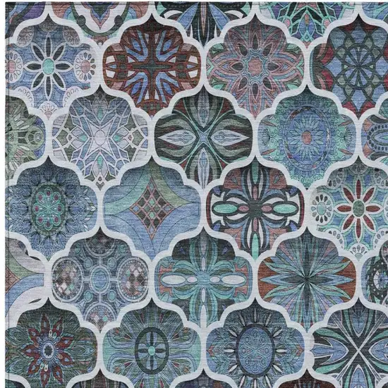Teal Blue And Graphite Ogee Washable Indoor Outdoor Area Rug Photo 7