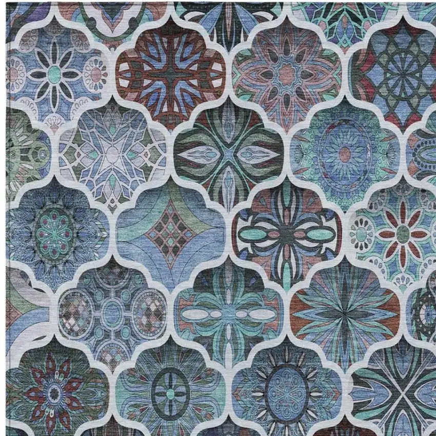 Teal Blue And Graphite Ogee Washable Indoor Outdoor Area Rug Photo 7