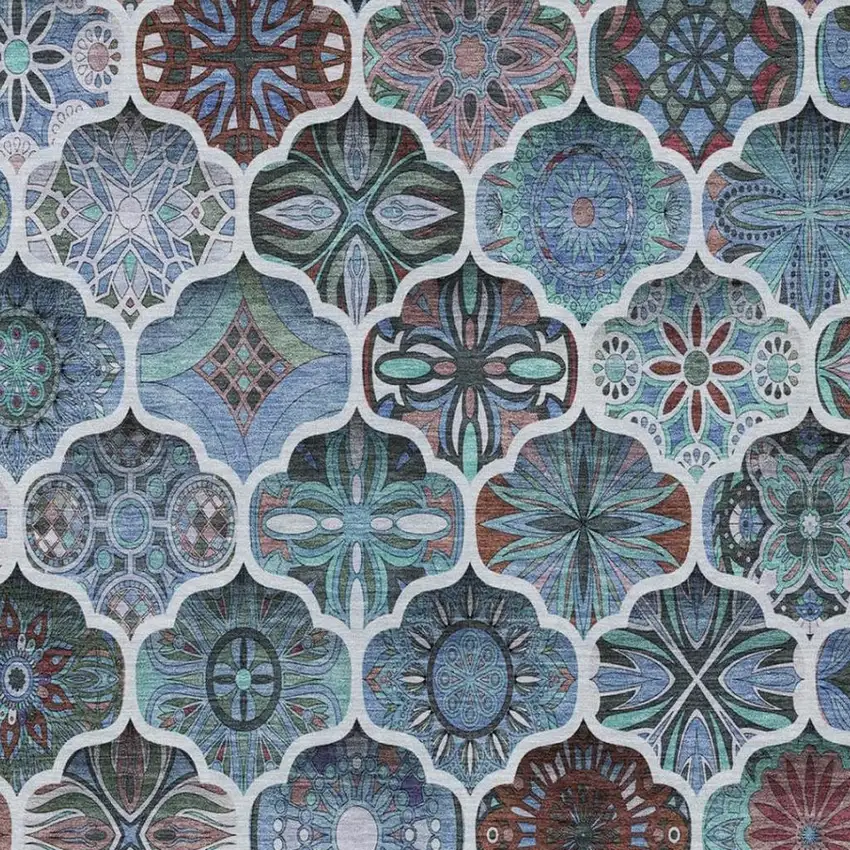 Teal Blue And Graphite Ogee Washable Indoor Outdoor Area Rug Photo 5