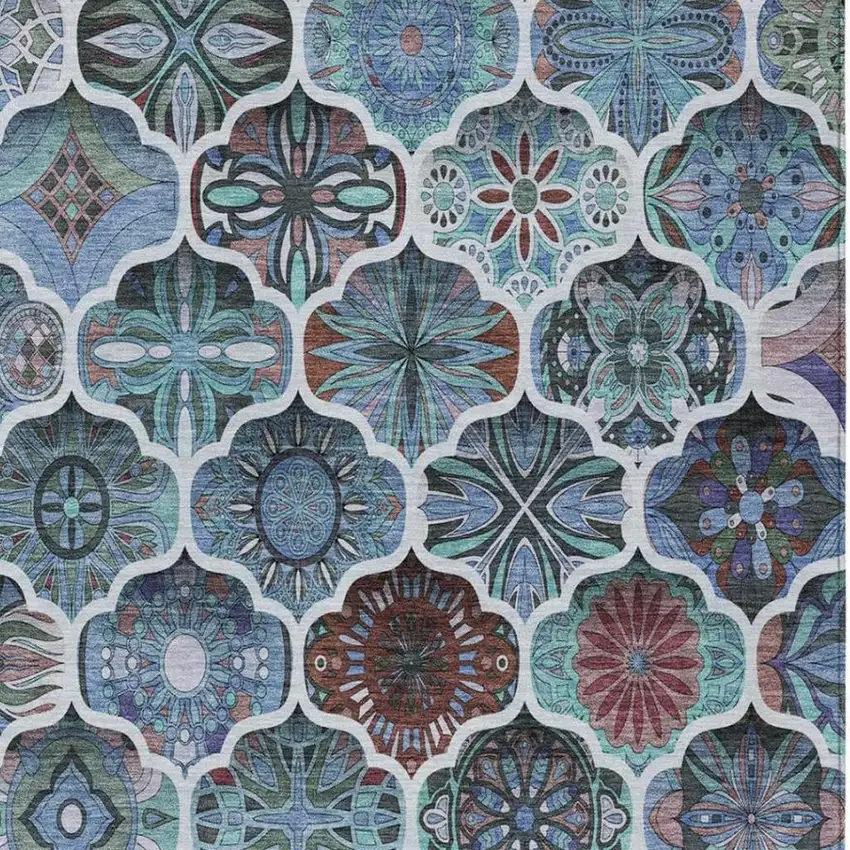 Teal Blue And Graphite Ogee Washable Indoor Outdoor Area Rug Photo 2