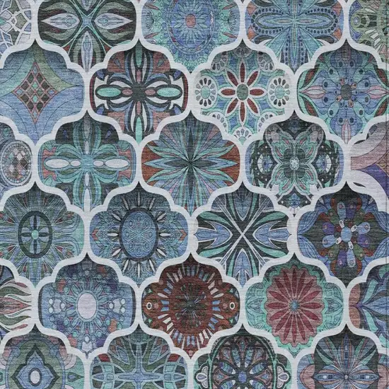 Teal Blue And Graphite Ogee Washable Indoor Outdoor Area Rug Photo 9