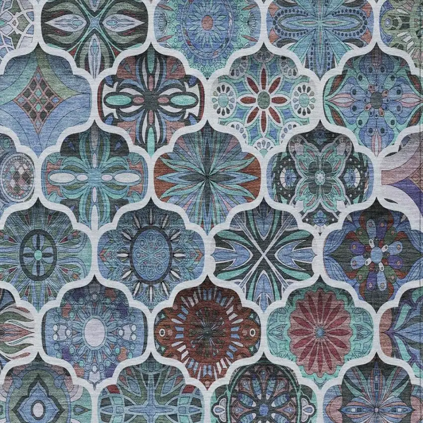 Teal Blue And Graphite Ogee Washable Indoor Outdoor Area Rug Photo 9
