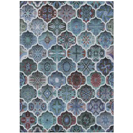 Teal Blue And Graphite Ogee Washable Indoor Outdoor Area Rug Photo 3