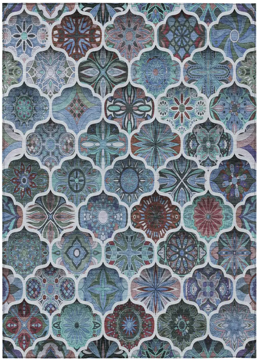 Teal Blue And Graphite Ogee Washable Indoor Outdoor Area Rug Photo 3