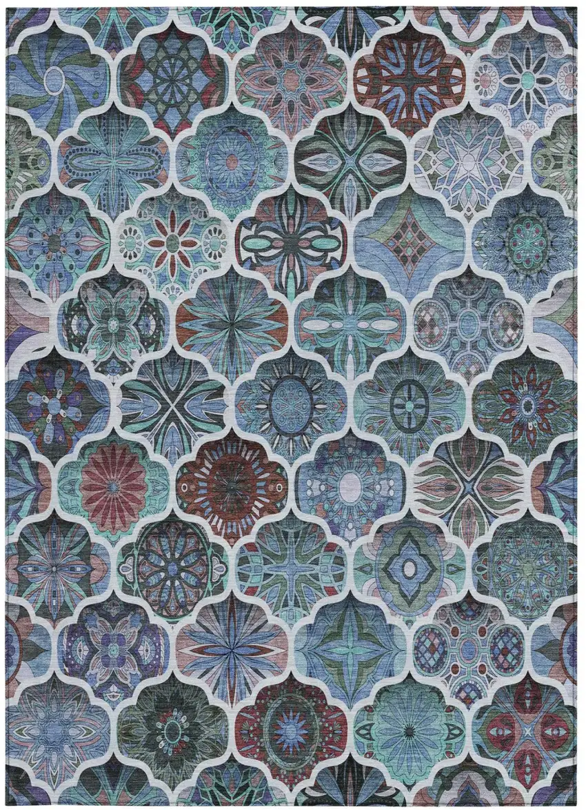 Teal Blue And Graphite Ogee Washable Indoor Outdoor Area Rug Photo 1