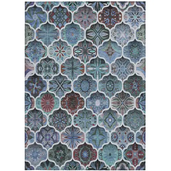 Teal Blue And Graphite Ogee Washable Indoor Outdoor Area Rug Photo 1