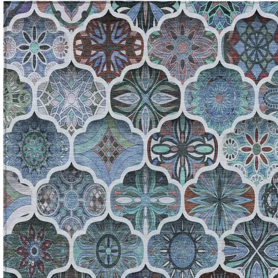 Teal Blue And Graphite Ogee Washable Indoor Outdoor Area Rug Photo 5