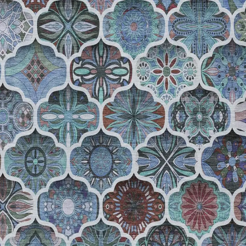 Teal Blue And Graphite Ogee Washable Indoor Outdoor Area Rug Photo 2