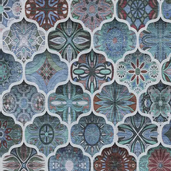 Teal Blue And Graphite Ogee Washable Indoor Outdoor Area Rug Photo 8