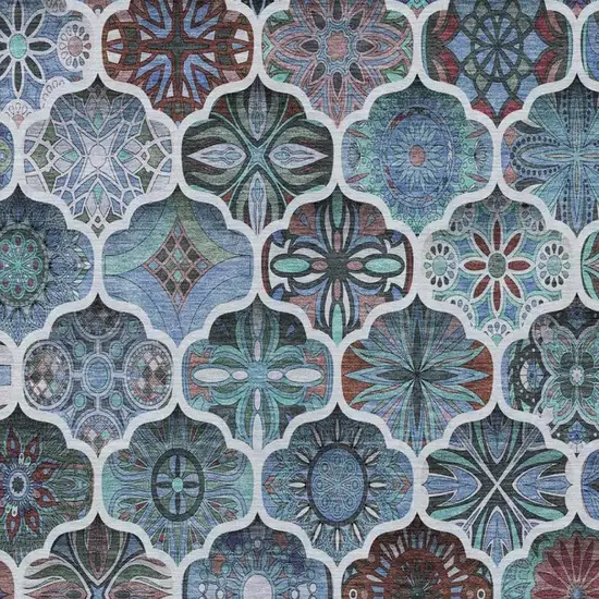 Teal Blue And Graphite Ogee Washable Indoor Outdoor Area Rug Photo 6