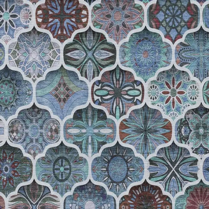 Teal Blue And Graphite Ogee Washable Indoor Outdoor Area Rug Photo 6