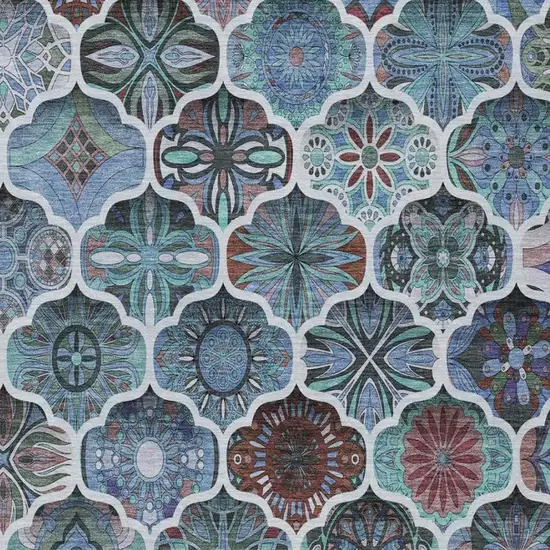 Teal Blue And Graphite Ogee Washable Indoor Outdoor Area Rug Photo 7