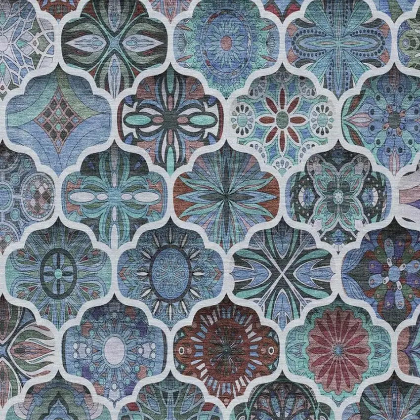 Teal Blue And Graphite Ogee Washable Indoor Outdoor Area Rug Photo 7
