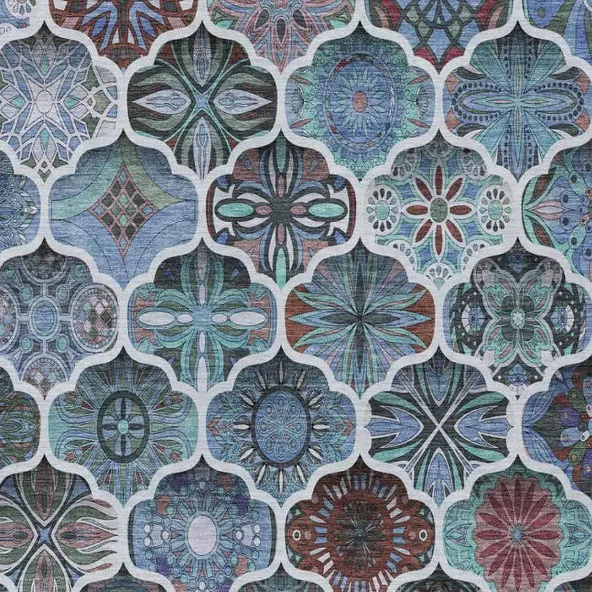 Teal Blue And Graphite Ogee Washable Indoor Outdoor Area Rug Photo 4