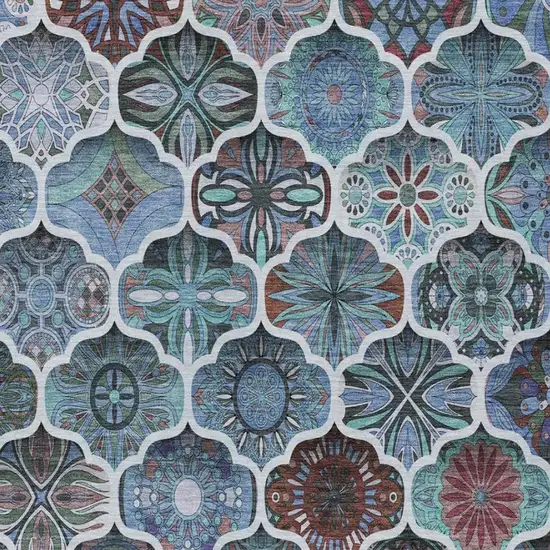 Teal Blue And Graphite Ogee Washable Indoor Outdoor Area Rug Photo 4