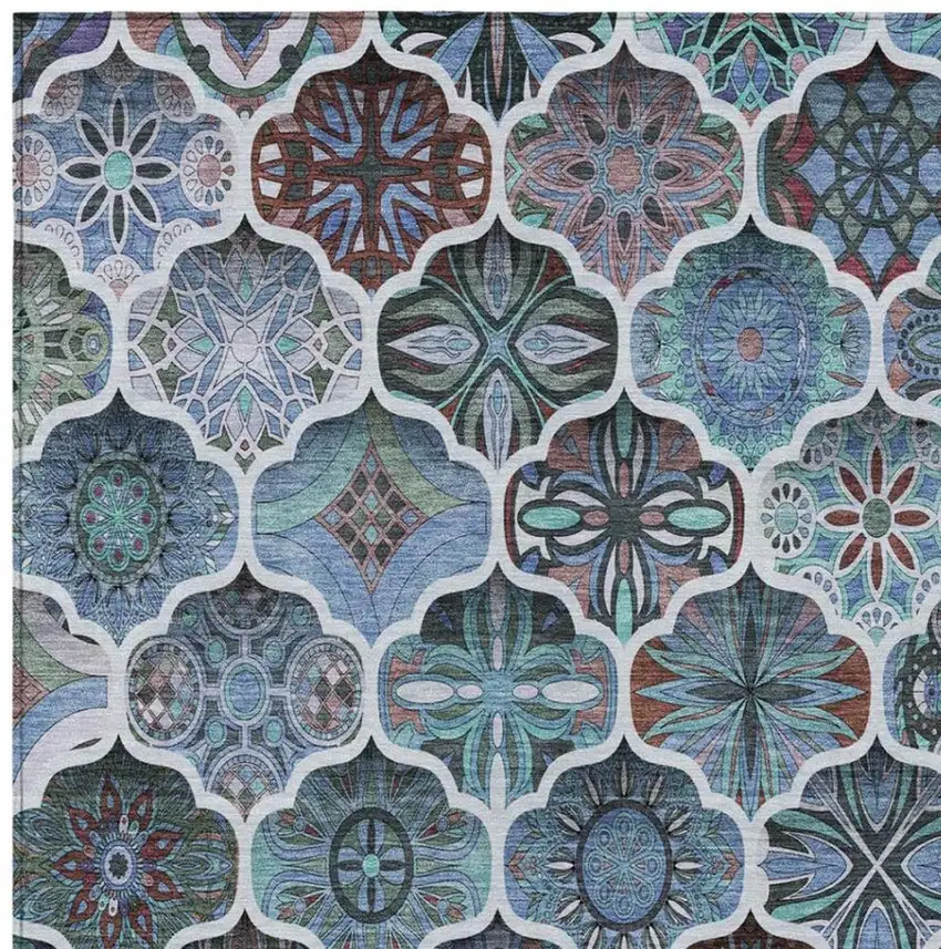 Teal Blue And Graphite Ogee Washable Indoor Outdoor Area Rug Photo 5