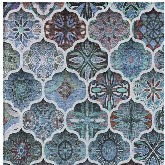Teal Blue And Graphite Ogee Washable Indoor Outdoor Area Rug Photo 5