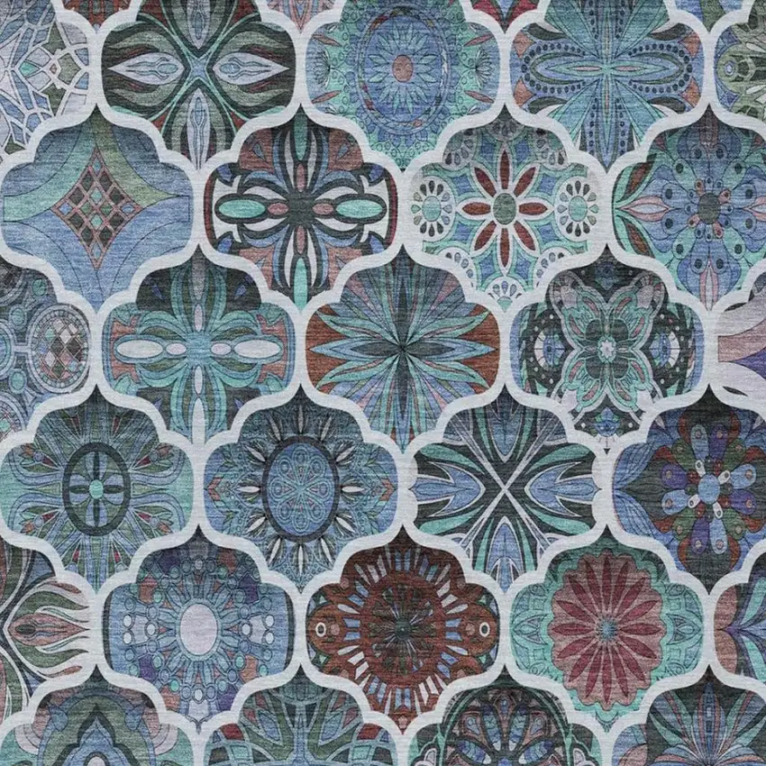 Teal Blue And Graphite Ogee Washable Indoor Outdoor Area Rug Photo 1