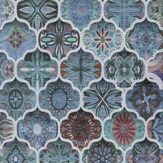 Teal Blue And Graphite Ogee Washable Indoor Outdoor Area Rug Photo 9