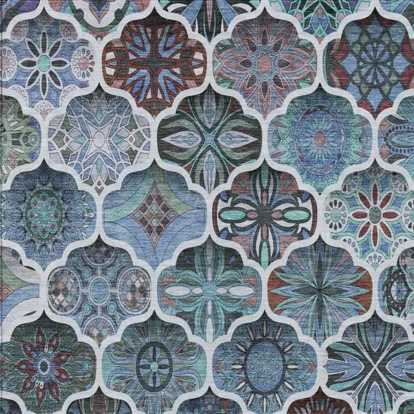 Teal Blue And Graphite Ogee Washable Indoor Outdoor Area Rug Photo 8