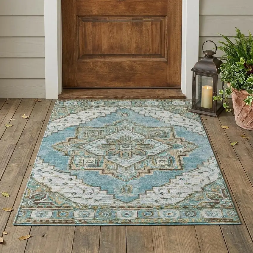 Teal Blue And Graphite Oriental Washable Indoor Outdoor Area Rug Photo 1