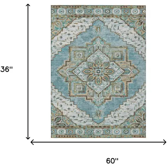 Teal Blue And Graphite Oriental Washable Indoor Outdoor Area Rug Photo 7