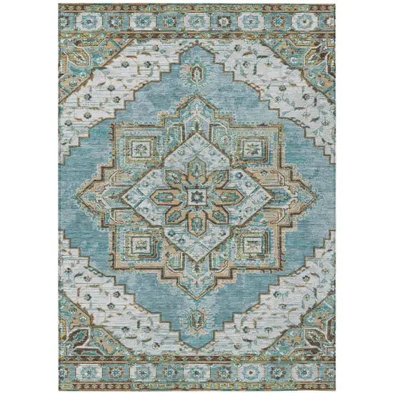Teal Blue And Graphite Oriental Washable Indoor Outdoor Area Rug Photo 2