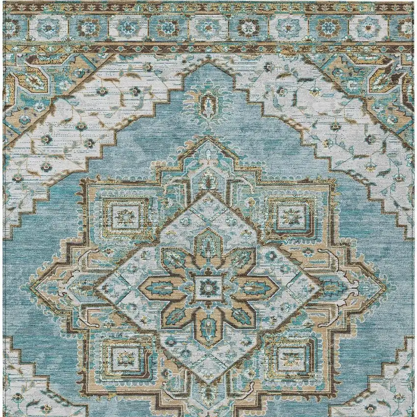 Teal Blue And Graphite Oriental Washable Indoor Outdoor Area Rug Photo 4